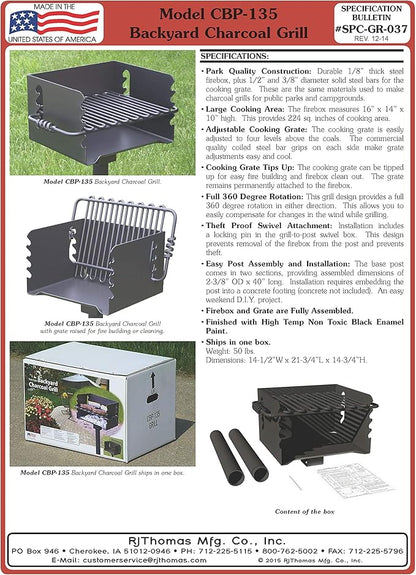 Pilot Rock CBP-135 Charcoal Grill, Park Style Outdoor BBQ Camping Grill with Swivel