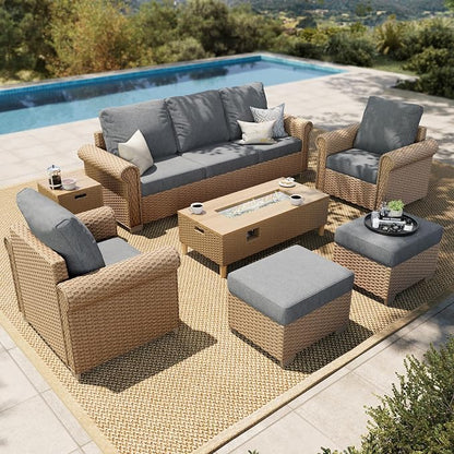 HERA'S HOUSE Patio Furniture Set, 4 x Cushioned Chairs, 3-Seat Sofa with Wood Grain Coffee Table, 5 Seats Luxury Windsor Style All Weahter Outdoor Sofa Conversation Set for Deck Lawn Backyard