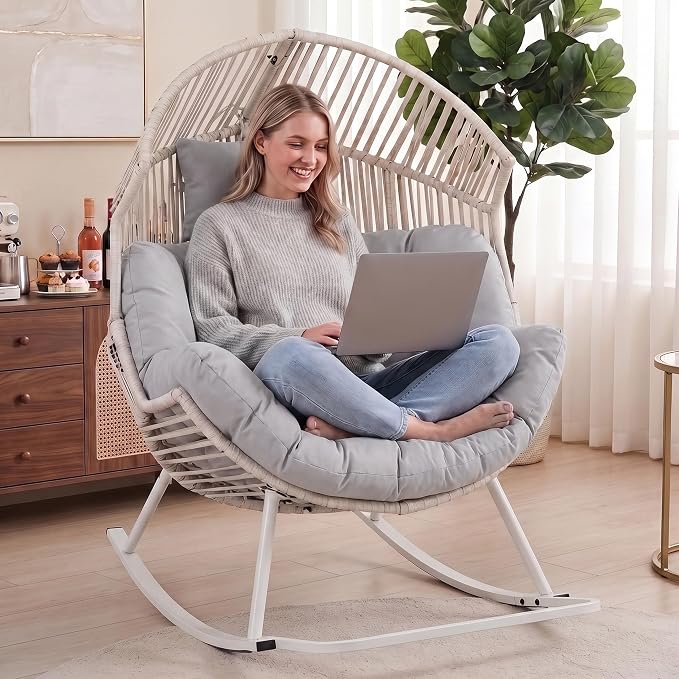 Shintenchi Egg Chair Outdoor, Oversized Outdoor Indoor Wicker Rocking Chair, Large PE Rattan Egg Rocking Chair with Cushion for Patio, Balcony, Backyard, Garden, Light Gray