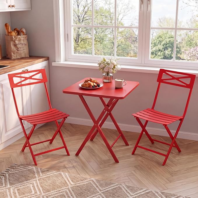Garvee 3PCS Bistro Set, Folding Patio Furniture Set w/ 2 Chairs,Solid Steel | Foldable space-saving bistro set, fully pre-assembled for instant use. Powder-coated weatherproof steel frame. Easy-clean