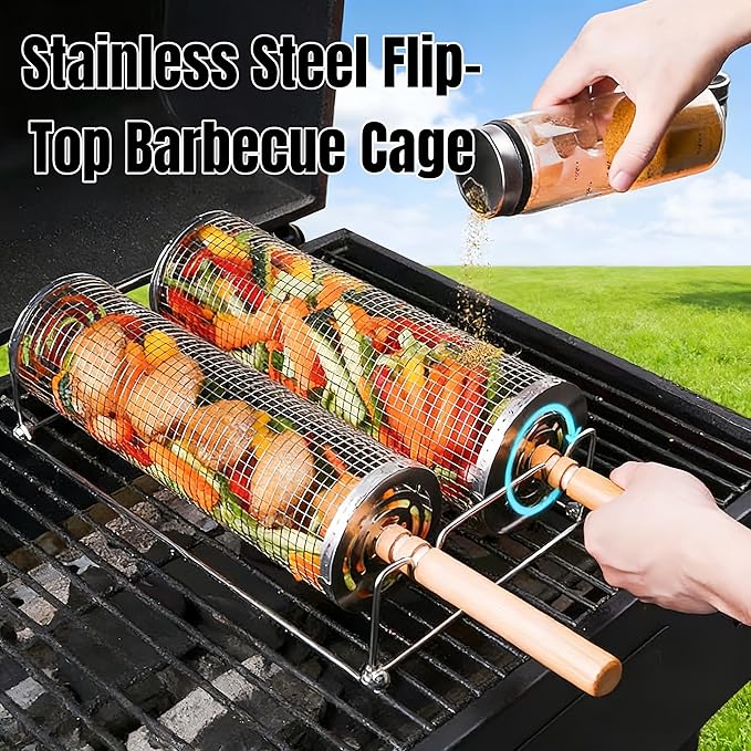304 Stainless Steel Rotating Grill Basket Set (2 Sizes) - Food-Grade BBQ Grill Basket for Vegetables/Shrimp + Grilling Net & BBQ Accessories (1 Fork, 2 Hooks, 2 Tongs)