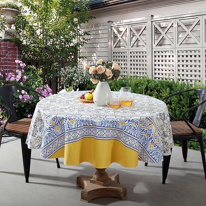 Home Bargains Plus Round Vinyl Tablecloth with Flannel Backing, 70 Inch, Alluring French Country, Yellow and Blue Floral Vinyl Table Cover, Heavy Weight for Dining Party and Barbecues