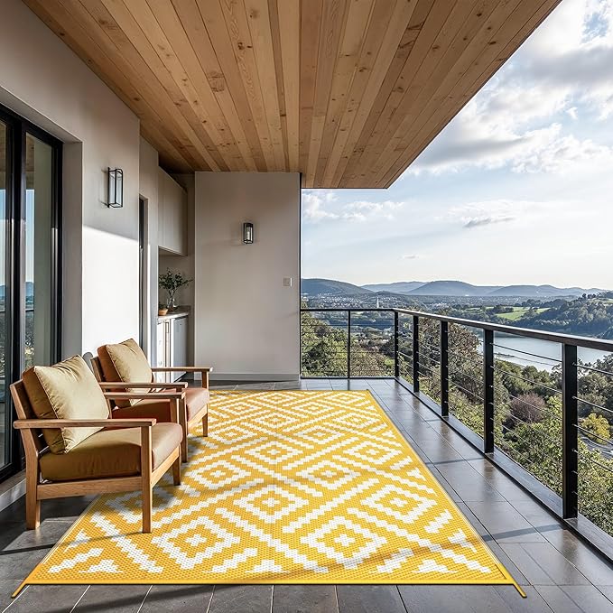 GENIMO Outdoor Rug, Waterproof Plastic Rugs for Patio, 6'x9' Yellow White | Outside Larger Modern Carpet Mat for Porch Decor, Deck, Balcony, Camping, RV, Backyard, Picnic, Beach, Reversible, Foldable