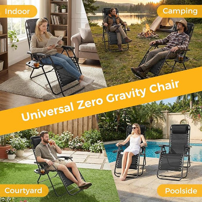 NEWBULIG Zero Gravity Chairs Set of 2, Folding Lounge Chair, Matte Black | Portable Lawn Camping Recliner with Adjustable Pollow, Mesh Back, Cup Holder Trays for Pool Beach Patio