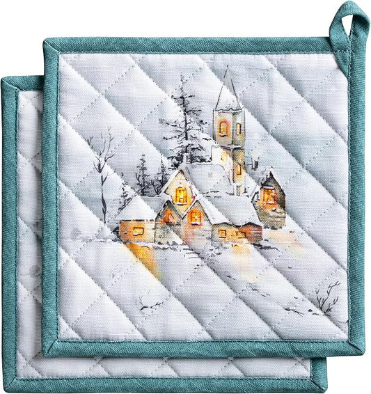 Maison d' Hermine Pot Holders 100% Cotton Potholders (8" x 8", Pack of 2) | Heat Resistant Hot Pads with Loop BBQ Cooking Baking Hotel Kitchen Handling Hot Pans Thanksgiving Christmas - Neige de Noel