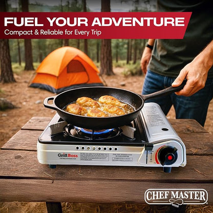 Grill Boss Dual Fuel Camp Stove w/ 4x 8oz Butane Canisters - 12,000 BTU Butane & Propane Portable Stove for Camping, Emergencies, BBQ, Hiking & Backpacking - Double Wind Guard, Piezo Ignition - 90057 | Single Burner Gas Cooker, Propane Adapter Included...
