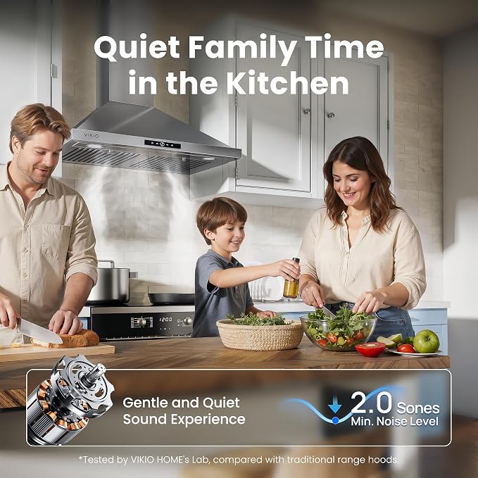 VIKIO HOME 30 Inch Wall Mount Range Hood 580CFM Low Noise Touch Control | Ducted/Ductless Convertible, Stainless Steel Kitchen Vent Hood with 3-Speed Fan and LED Lights