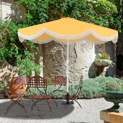 Tempera 9ft Yellow Scalloped Patio Umbrella with Fringe,UV Protection Fade Resistant Canopy, 8 Sturdy Ribs, Outdoor Table Umbrella with Crank Tilt for Lawn, Pool, Deck, Balcony