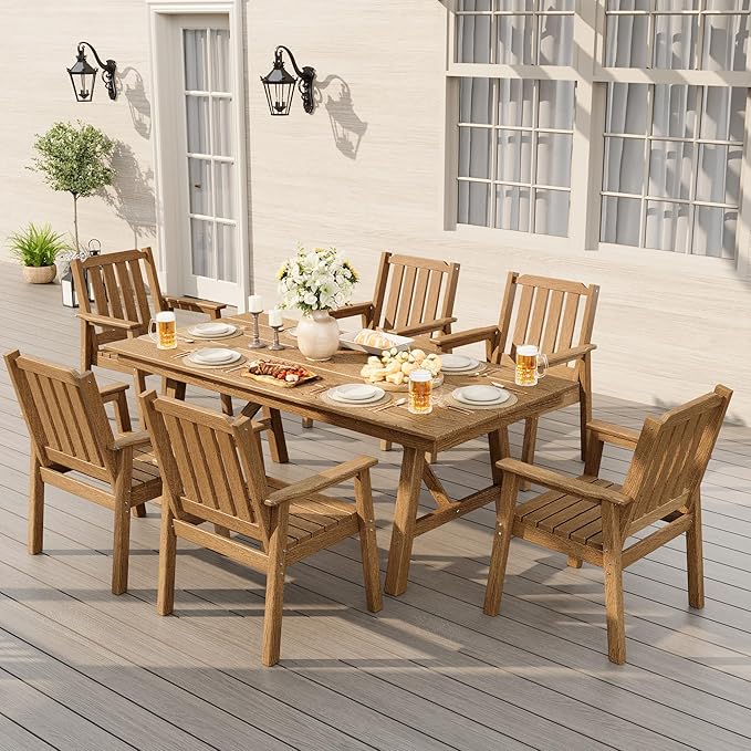 Outdoor Dining Chairs Set of 2, HDPE Patio Chairs 650LBS Capacity All-Weather Yard Armchair with Slatted Seat, 23.9" Wide Heavy Duty Modern Backyard Furniture for Garden, Poolside, Deck (Natural)