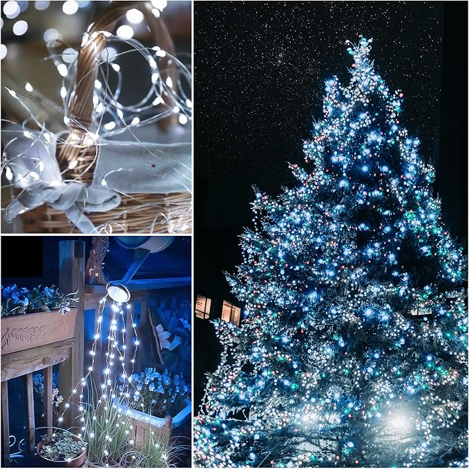 Solar Fairy String Lights for Outside, Outdoor Waterproof, Cool White 2Pack Total 200LED 66Ft 8 Modes Mini Mini Small Solar Powered Lights for Christmas, Garden, Patio, Fence, Balcony