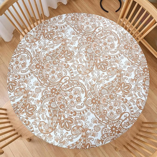 LIBERECOO Luxury Paisley Round Vinyl Tablecloth with Flannel Backing - Waterproof, Oilproof, Wipeable Dining Table Cover for Indoor/Outdoor Use
