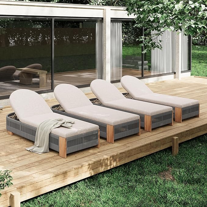 Merax 4-Piece Outdoor Chaise Lounge Chair with Adjustable Backrest & Waterproof Cushion - Acacia Wood Pool Sun Lounger for Patio, Beach, Yard, Garden, Grey