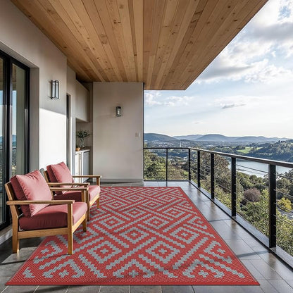 GENIMO Outdoor Rug, Waterproof Plastic Rugs for Patio, 8'x10' Red Grey | Outside Larger Modern Carpet Mat for Porch Decor, Deck, Balcony, Camping, RV, Backyard, Picnic, Beach, Reversible, Foldable