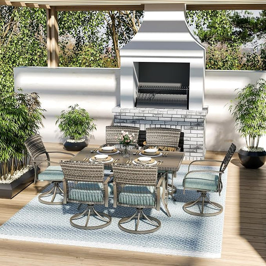 Pamapic 7-Piece Outdoor Dining Set with Swivel Rocker Chairs, Wicker Patio Furniture for 6, Poolside Garden Deck with Iron Table & Removable Cushions (Green)