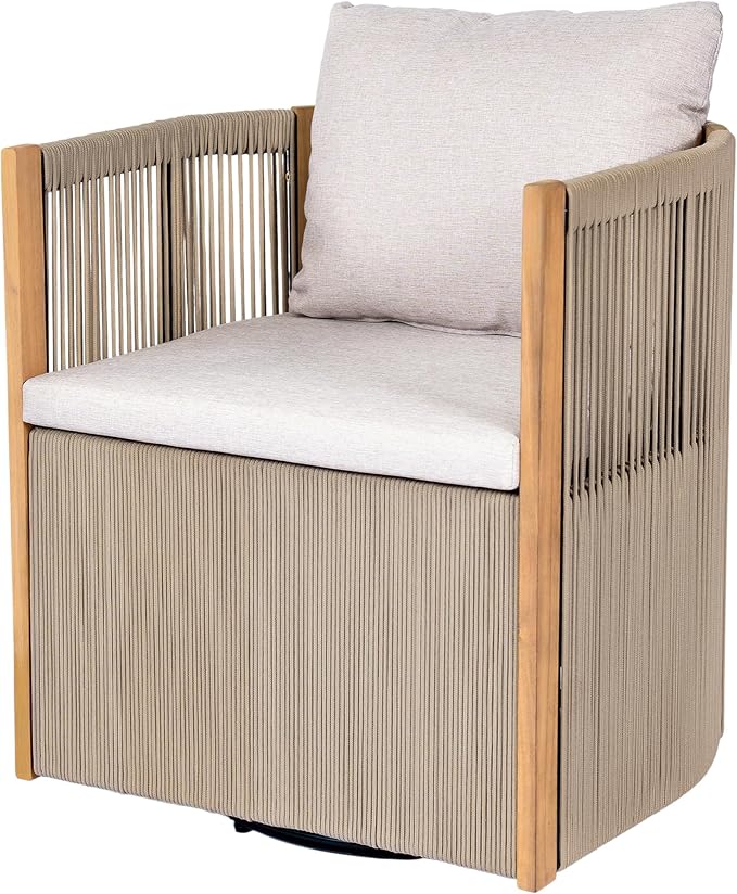 Christopher Knight Home Kato Outdoor Metal & Acacia Wood Frame Swivel Accent Chair with Removable Cushion, 360° Rotating Patio Armchair with Rope Accent, Outdoor Swivel Chair for Garden, Beige