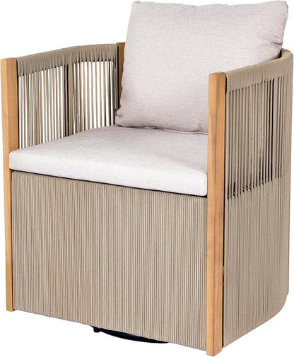 Christopher Knight Home Kato Outdoor Metal & Acacia Wood Frame Swivel Accent Chair with Removable Cushion, 360° Rotating Patio Armchair with Rope Accent, Outdoor Swivel Chair for Garden, Beige