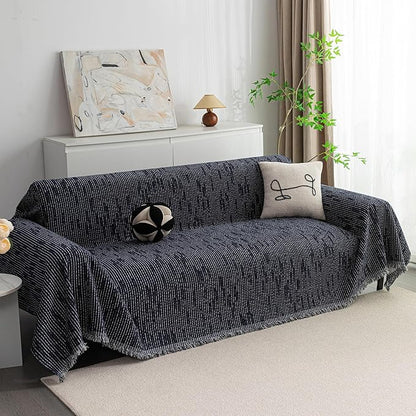 MYSKY HOME Boho Couch Cover Navy Sofa Covers with Tassel Farmhouse Sofa Slipcover Simple Couch Protector for Dogs Chenille Sectional Couch Covers L Shaped Couch Cushion Covers, 71"x 134"