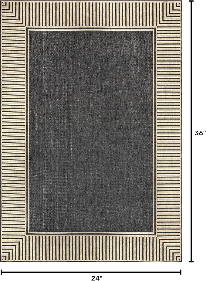 Nuloom Asha Dark Grey/Ivory, 2' x 3', Casual, Striped Border, Soft and Cozy, High Traffic, Stain Resistant, Easy Clean, Durable Area Rug for Indoor/Outdoor Patio, Deck, Porch, Garden, Courtyard