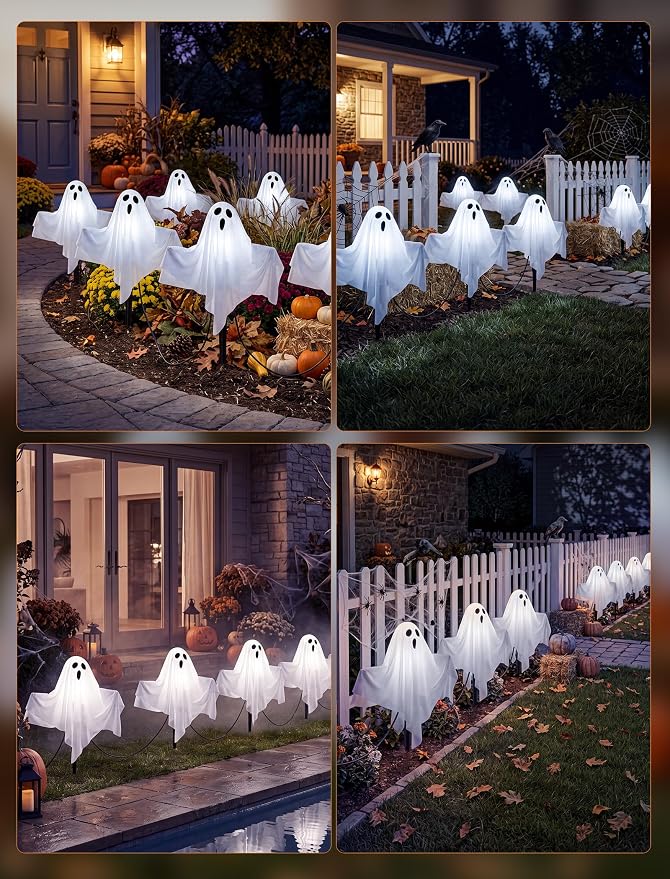 11.5FT Halloween Ghost Pathway Lights Outdoor, 4 Pack LED Lawn Stake Lights | Waterproof, Plug in and Hanging Outdoor Halloween Decorations Ghost String Lights for Garden Walkway Driveways Garden Yard