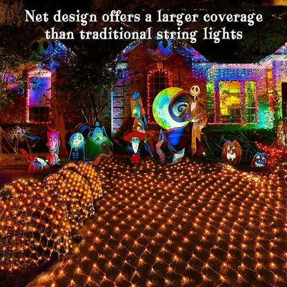 BlcTec Halloween Lights 200 LED 8.4ft x 5.2ft Orange Net Lights with 8 Modes, UL Certified, Timer, Connectable, Waterproof, Dark Green Wire for Trees, Bushes, Shrub, Lawn Halloween Decorations Outdoor