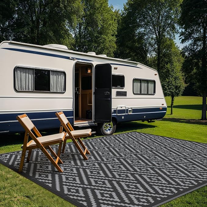 GENIMO Outdoor Rug, Waterproof Plastic Rugs for Patio, 10'x10' Black Grey | Outside Larger Modern Carpet Mat for Porch Decor, Deck, Camping, RV, Backyard, Balcony, Picnic, Beach, Reversible, Foldable