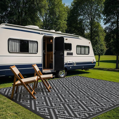 GENIMO Outdoor Rug, Waterproof Plastic Rugs for Patio, 10'x10' Black Grey | Outside Larger Modern Carpet Mat for Porch Decor, Deck, Camping, RV, Backyard, Balcony, Picnic, Beach, Reversible, Foldable