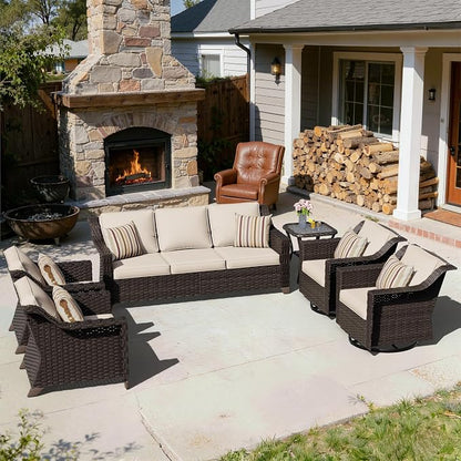 6 Piece Patio Furniture Set, Wicker Outdoor Conversation Set | Patio Chair Set with Olefin Removable Cushion, All-Weather Outdoor Couch with Deep Seat for Porch, Deck and Backyard, Beige