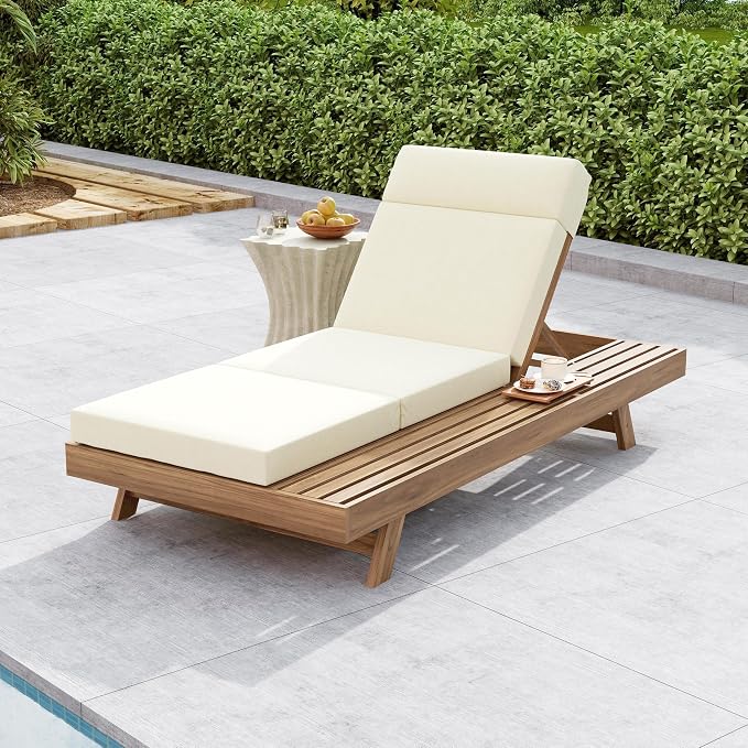Christopher Knight Home Dami Chaise Lounge Chair Outdoor with 4'' Foldable Cushion, Acacia Wood Poolside Sun Lounger, Space Available On One Side, Adjustable Backrest Pool Lounger, Light Brown+Beige