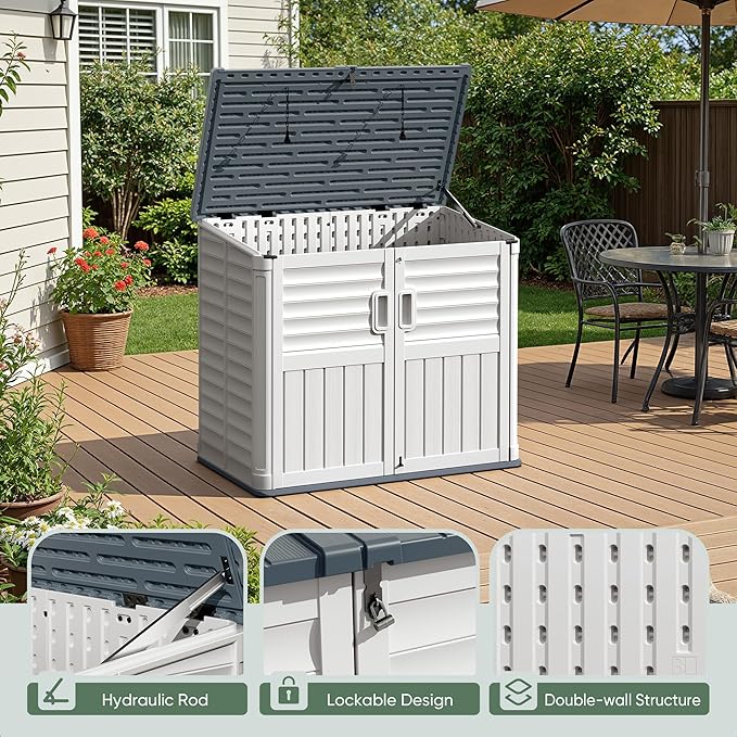 Devoko Outdoor Storage Shed, Resin, 34 Cu Ft Outdoor Storage Cabinet Without Shelf, Waterproof, Double Locks, Storage for Trash Can, Garden Tools, Pool Supplies, Beige