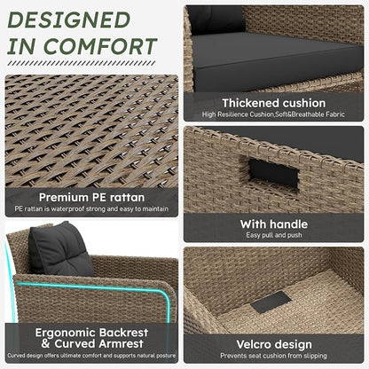 5 Piece Patio Furniture Set, PE Wicker Outdoor Furniture Set with Soft Cushions & Coffee Table, Outdoor Lounge Chairs with Ottoman for Porch, Lawn, Balcony, Beige-Black