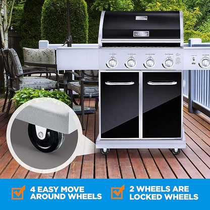 NutriChef 52,000 BTU 5-Burner Stainless Steel Propane Gas Grill with Portable Design, Electronic Ignition, Built-in Thermometer and Heavy-Duty Construction
