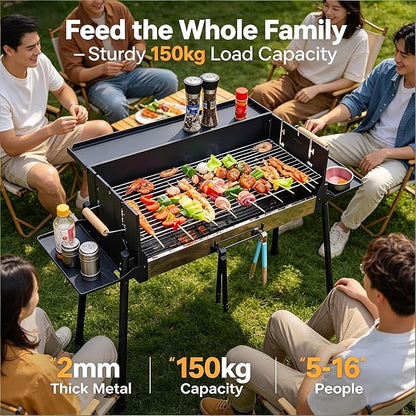 Foldable Charcoal Grill with 3 Gear Adjustable Temperature, Windproof Camping BBQ Grill with Foldable Storage Shelves, Heavy Duty Portable Charcoal Grills for Backyard Tailgating 5-16 People