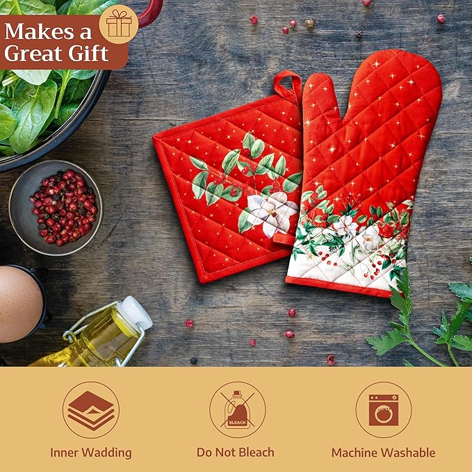 Maison d' Hermine 100% Cotton Oven Mitt & Pot Holder Set (7.5"x13" & 8"x8") Heat Resistant BBQ Cooking Gloves with Loop for Thanksgiving Christmas Decorations Handling Hot Pans (Noel)