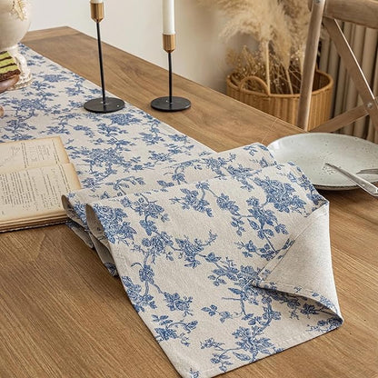 Pastoral Table Runner - 14 x 90 Inch Rectangle - Washable Tabletop with Dust-Proof Wrinkle Resistant for Restaurant, Picnic, Indoor and Outdoor Dining, Floral (Dark Blue)