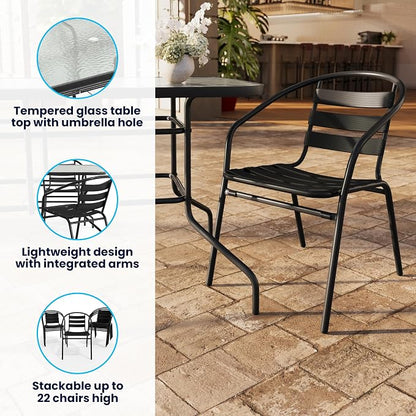 Flash Furniture Lila 5 Piece Patio Dining Set - 55" Tempered Glass Patio Table with Umbrella Hole - 4 Black Metal Aluminum Slat Stack Chairs