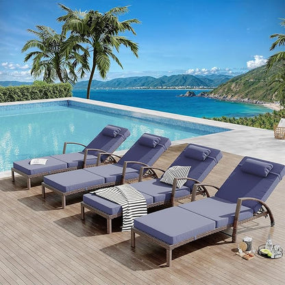 Set of 2 Chaise Lounge Chairs Outdoor, PE Rattan Wicker Poolside Recliners with 5-Position Adjustable Backrest, Blue Cushions, Armrests and Wheels, Patio and Garden Furniture for Beach and Backyard