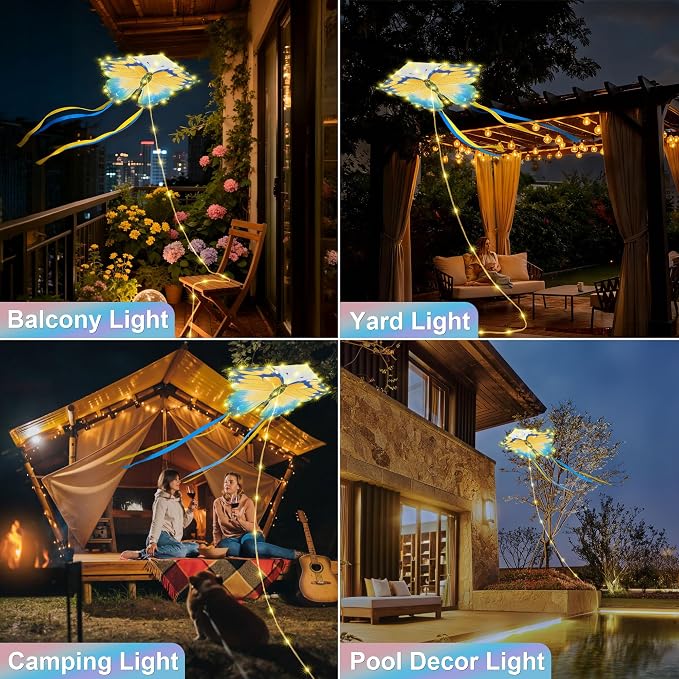 Toodour Solar Butterfly Lights Outdoor, 2.9Ft 174 LED Waterproof Kite Butterfly Garden Decor, 8 Modes Warm White Solar Garden Lights for Home Yard Patio Camping Decor - Blue & Yellow Butterfly