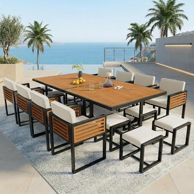 Merax 18-Piece Patio Dining Set for 16 People, Acacia Wood Outdoor Furniture Sets with 2 Square Tables, 8 Cushioned Chairs and 8 Ottomans for Backyard,Garden,Lawn,Poolside, Space Saving Design, Beige