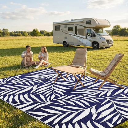 Smiry Outdoor Rug 9x12 ft Waterproof Reversible Leaf Mat, Navy & White | Polypropylene Plastic Straw, Quick Drying, Lightweight Foldable, for Patio, Deck, RV Camping, Backyard and Indoor Outdoor Use