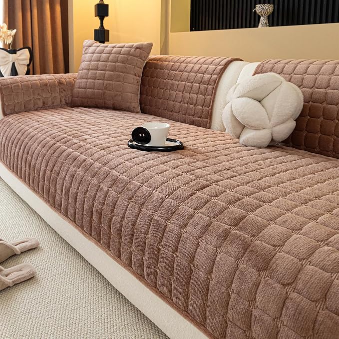 Velvet Couch Cover, Plush Sectional Sofa Cover Washable, Anti Slip Sofa Slipcover for 2-3 Cushion Sofas, Furniture Protector Covers for Pets & Kids(1PC, Dark Brown, 35.4"×63", Loveseat)