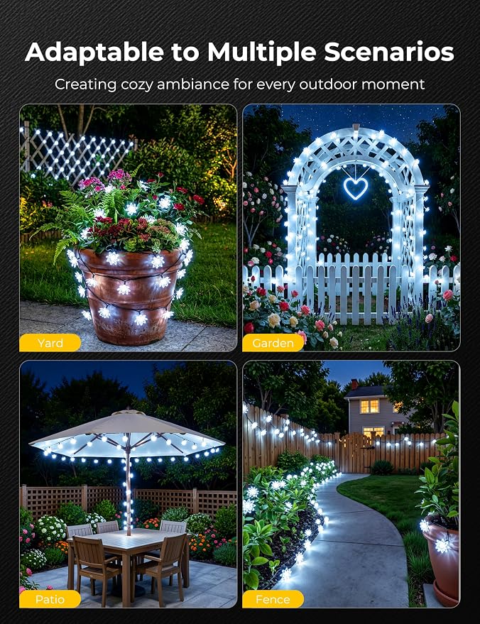 Brightown 50 LED Pure White Solar Flower String Lights Outdoor Waterproof, 23FT Solar Powered Fairy Lights with 8 Modes for Garden Yard Fence Patio Christmas Balcony Holiday Party Decor
