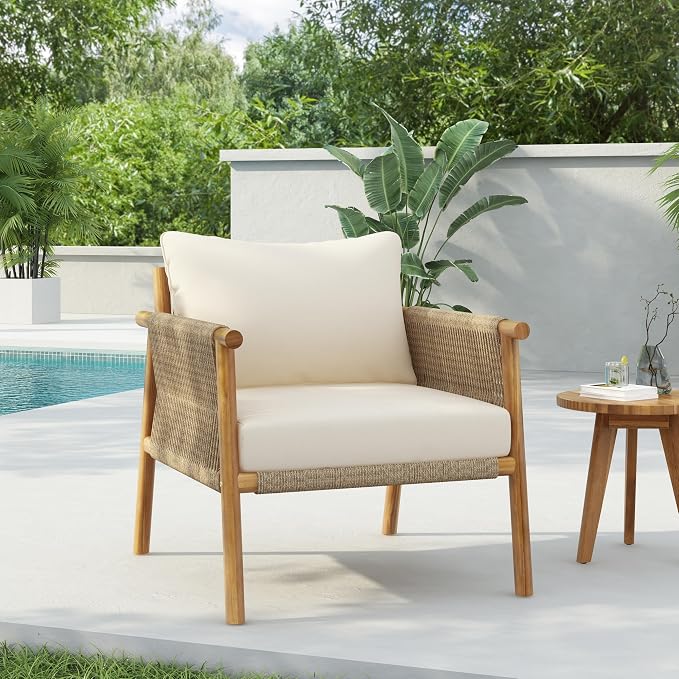 Christopher Knight Home Posey Modern Patio Wooden Club Chair with Rope Woven Armrest&Backrest, Outdoor Lounge Chair with Weather-Resistant Removable Cushions, Deep Seating Accent Chair, Teak+Beige