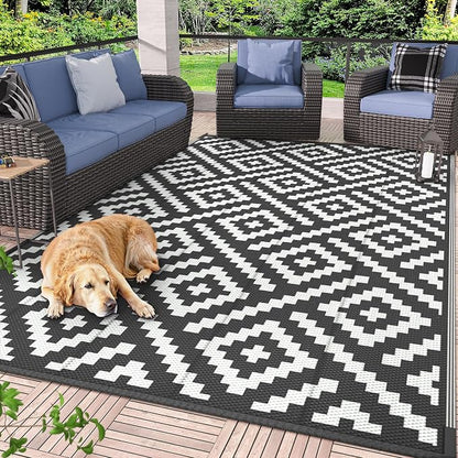 GENIMO Outdoor Rugs 8x10 Waterproof, Reversible Mats, Area Plastic Straw Rug, Outside Carpet, Geometric Rv Mat for Patio Camping Picnic Backyard Deck Balcony Porch Beach Trailer (Black & White) | Outside Larger Modern Carpet Mat for Porch Decor, Deck, ...