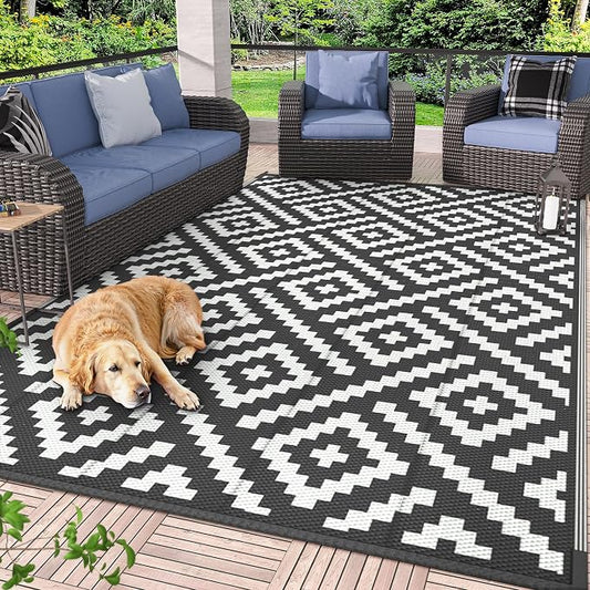 GENIMO Outdoor Rugs 8x10 Waterproof, Reversible Mats, Area Plastic Straw Rug, Outside Carpet, Geometric Rv Mat for Patio Camping Picnic Backyard Deck Balcony Porch Beach Trailer (Black & White) | Outside Larger Modern Carpet Mat for Porch Decor, Deck, ...