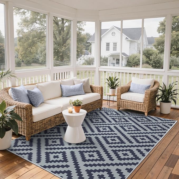 GENIMO Outdoor Rug, Waterproof Plastic Rugs for Patio, 5'x8' Slate Blue | Outside Larger Modern Carpet Mat for Porch Decor, Deck, Balcony, Camping, RV, Backyard, Picnic, Beach, Reversible, Foldable