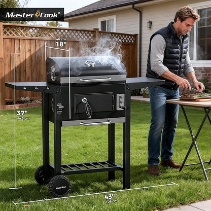 MASTER COOK Charcoal Grills with Two Foldable Side Tables, 353 Sq.In Cooking Area Outdoor Smoke Barbecue bbq Grill for Camping, Backyard Party, Patio, Picnic, Garden, Black,18"D x 43"W x 37"H