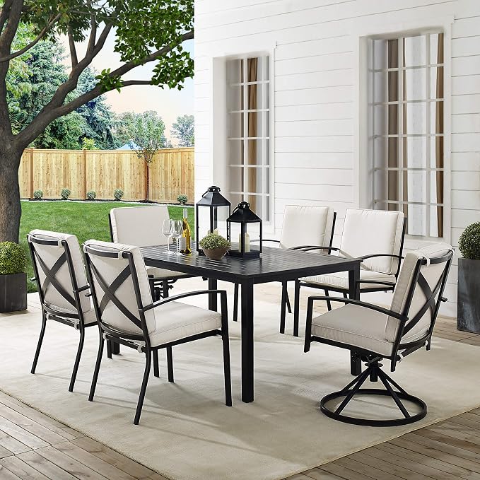 Crosley Furniture Kaplan 7-Piece Outdoor Dining Set for 6, Patio Table and Chairs for Backyard, Deck, Oiled Bronze with Oatmeal Cushions