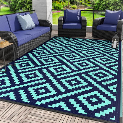 GENIMO Outdoor Rug, Waterproof Plastic Rugs for Patio, 6'x9' Blue Green | Outside Larger Modern Carpet Mat for Porch Decor, Deck, Balcony, Camping, RV, Backyard, Picnic, Beach, Reversible, Foldable