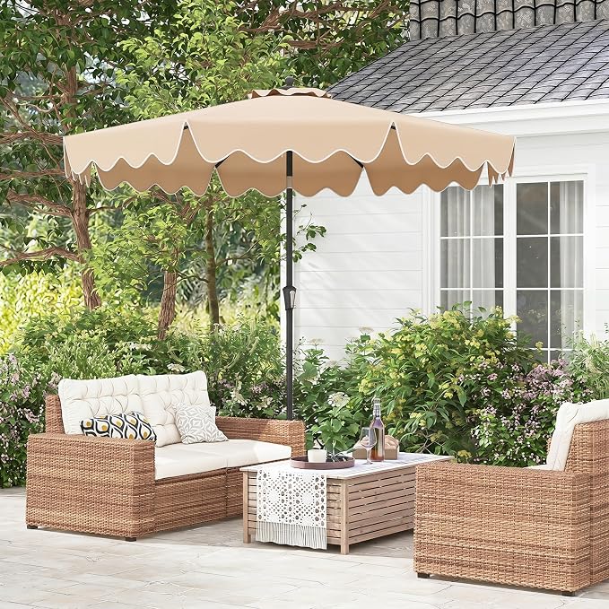 Tangkula 9Ft Patio Umbrella with Crank, 2-Tier Outdoor Umbrella with Push Button Tilt, Sun-Protective Canopy, 8 Ribs, Scalloped Patio Umbrella for Outdoor Beach Deck Pool Table (Beige)