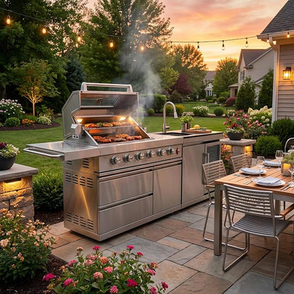 Modular Outdoor Kitchen Island, 6-Burner Gas Grill, 75300 BTU,Silver | 304 Stainless Steel,Garden Outdoor Cooking Backyard, Side Burners Sink,Wine,Cooler,Refrigerator,Rotisserie Kit